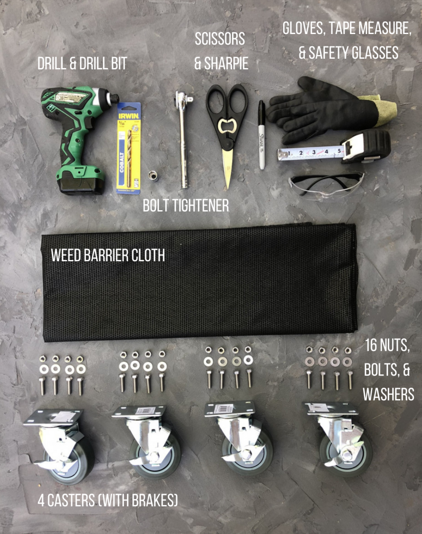 supplies for raised garden bed on wheels diy project