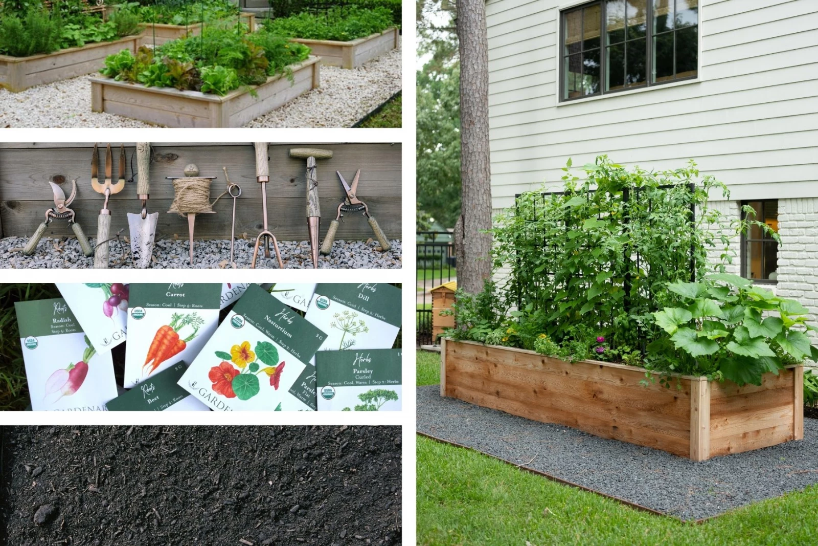 a photo collage of a raised bed, a trellis, seeds, tools, and soil