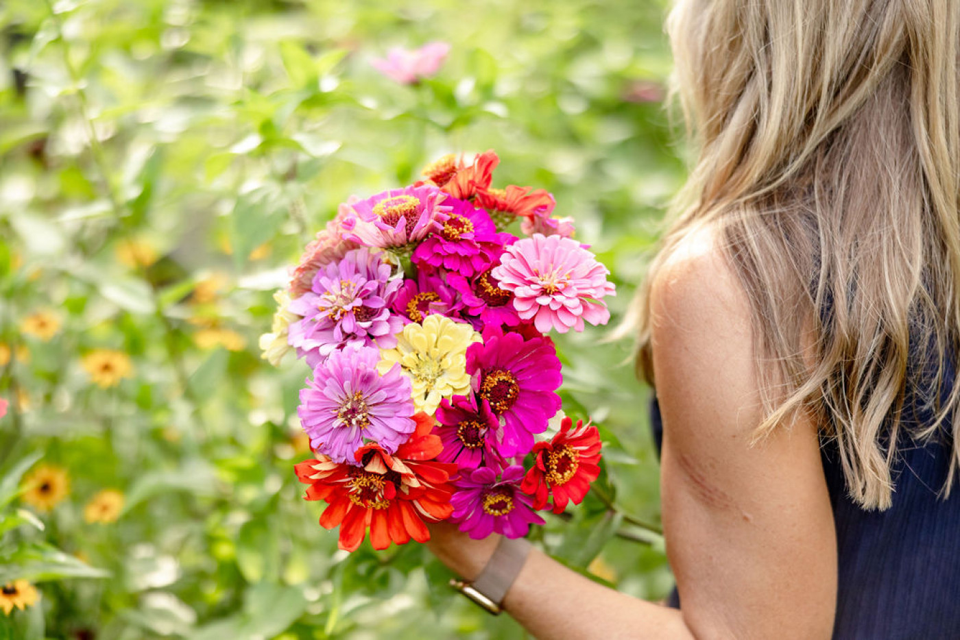 close up of woman holding zinnia bouquet in garden