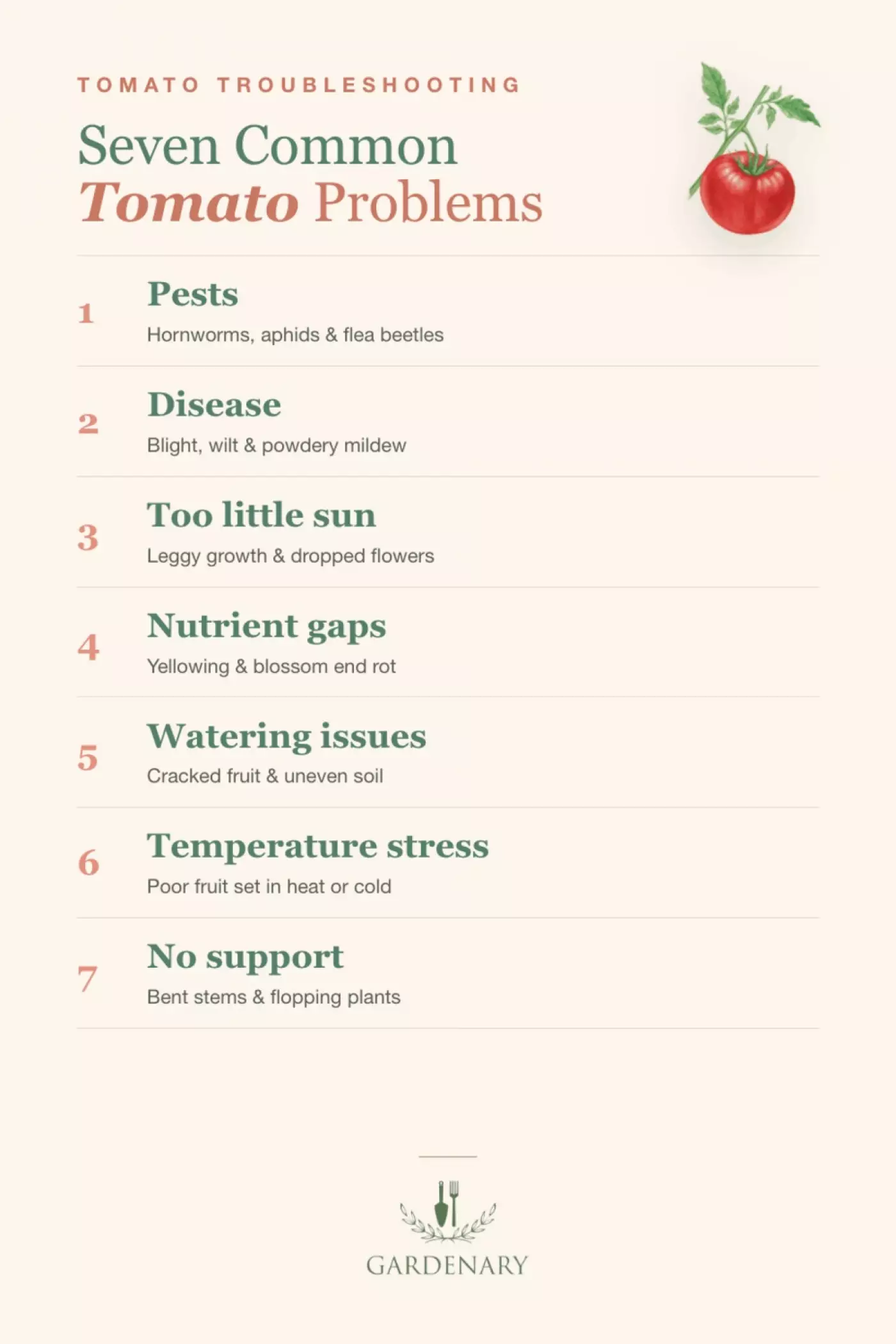 Nicole Johnsey Burke's Gardenary infographic listing seven common tomato problems: pests, disease, too little sun, nutrient gaps, watering issues, temperature stress, and no support