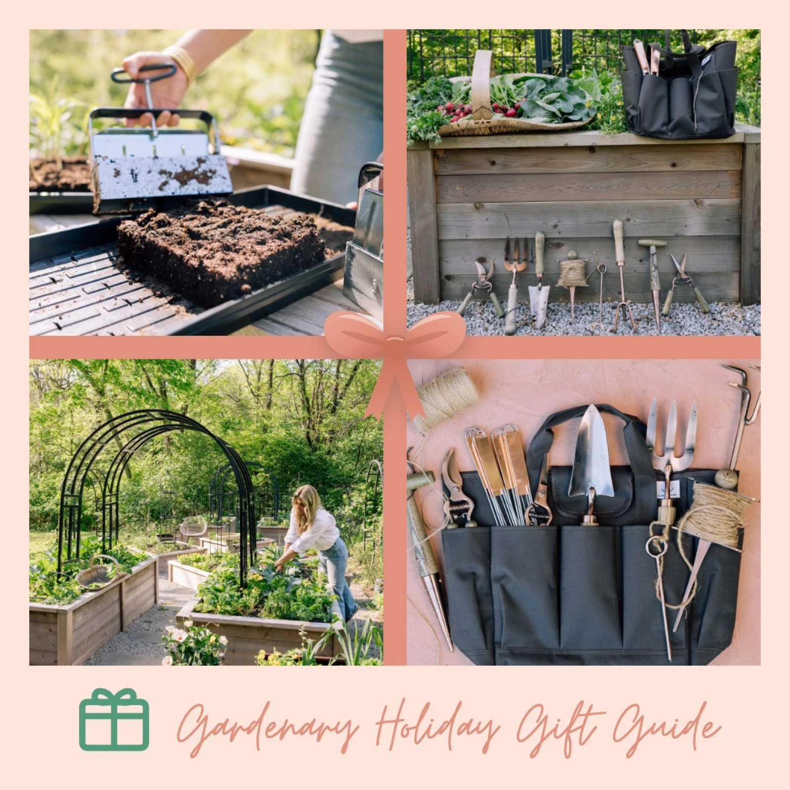Gardenary holiday gift guide - photos of garden tools and raised beds