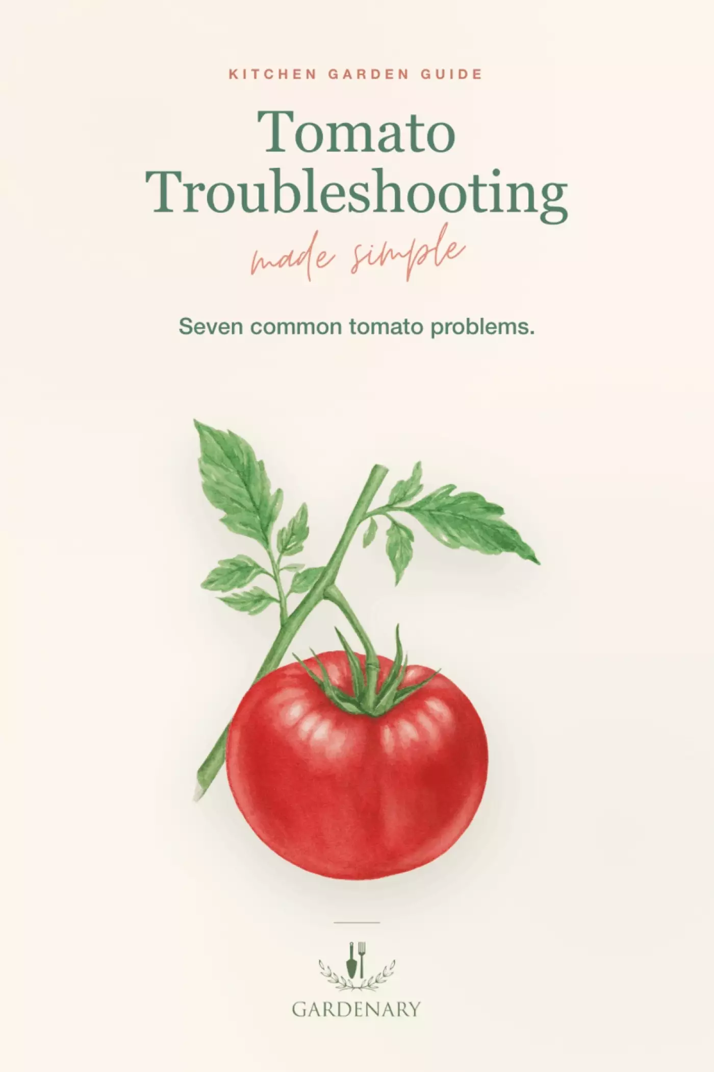 Nicole Johnsey Burke's Gardenary kitchen garden guide illustration showing a hand-painted watercolor tomato on the vine for a tomato troubleshooting guide