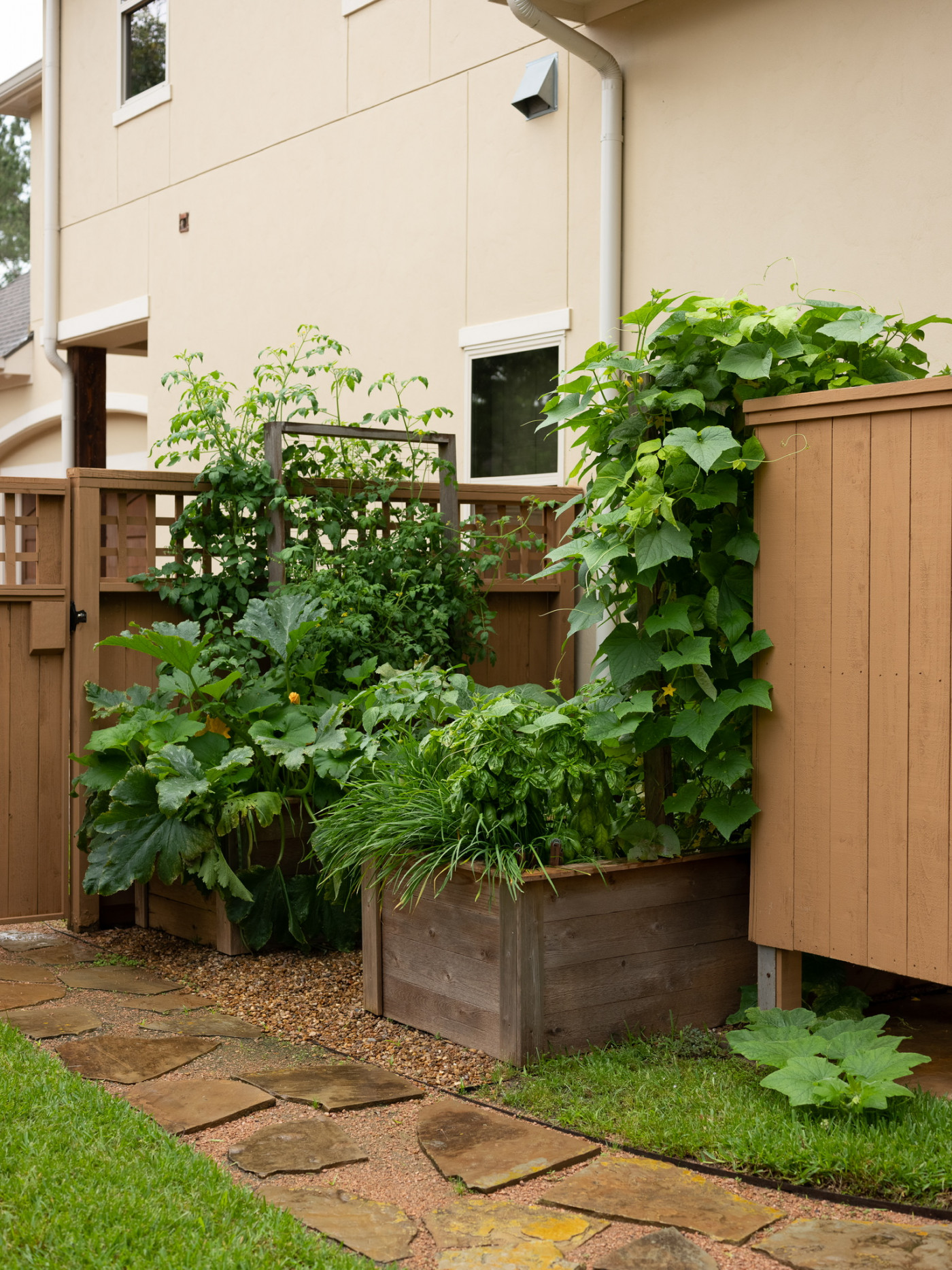 keyhole garden with cedar raised beds nestled against home
