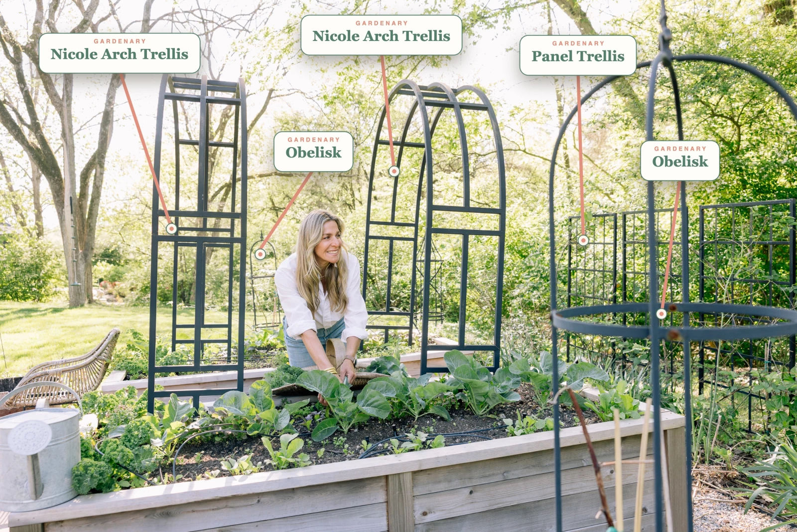 A photo showing labels pointing to the different types of trellises in Nicole's garden. Nicole arch, Panel trellis, and obelisk trellis