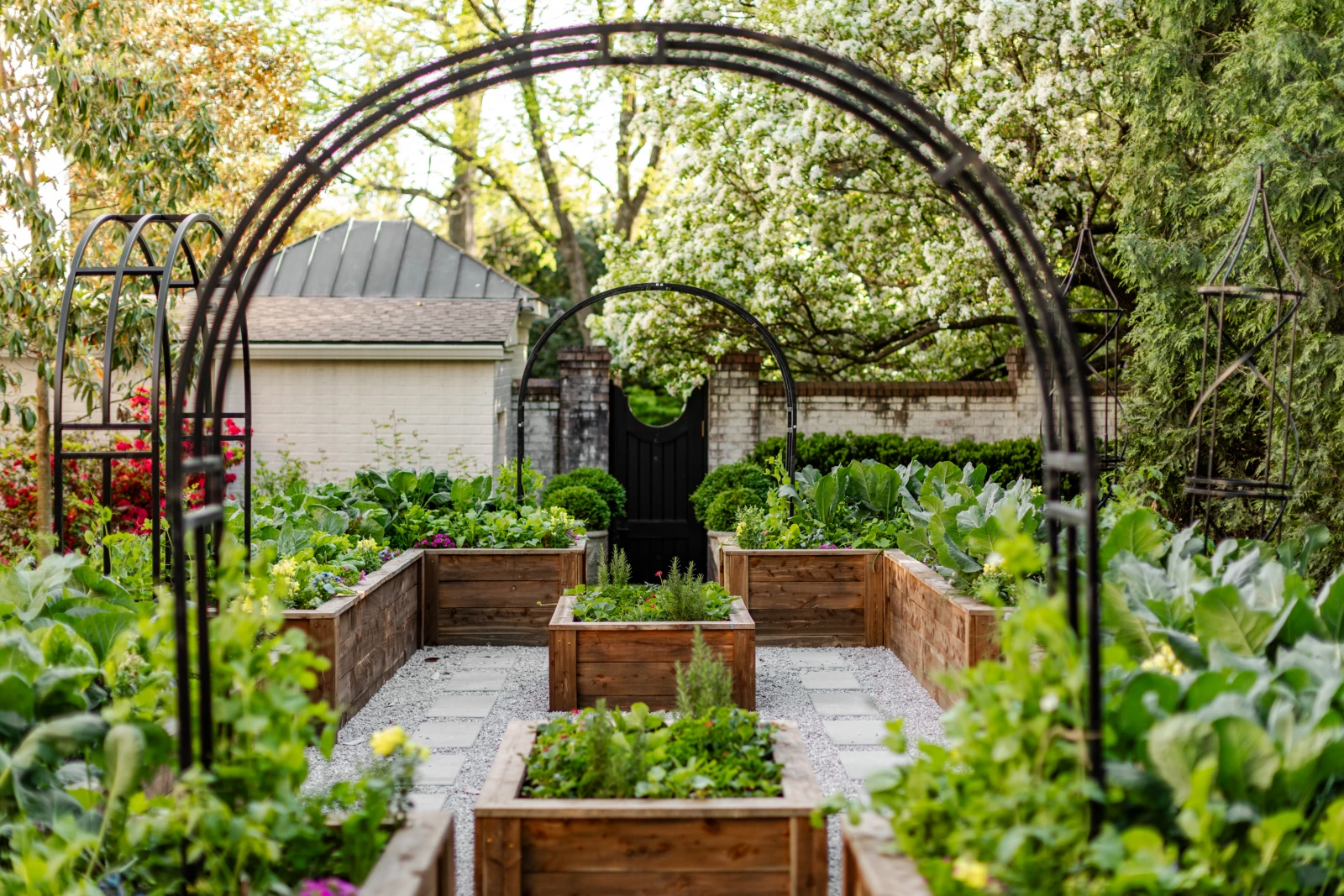 A beautiful garden with multiple raised beds and a Gardenary Nicole Arch Trellis