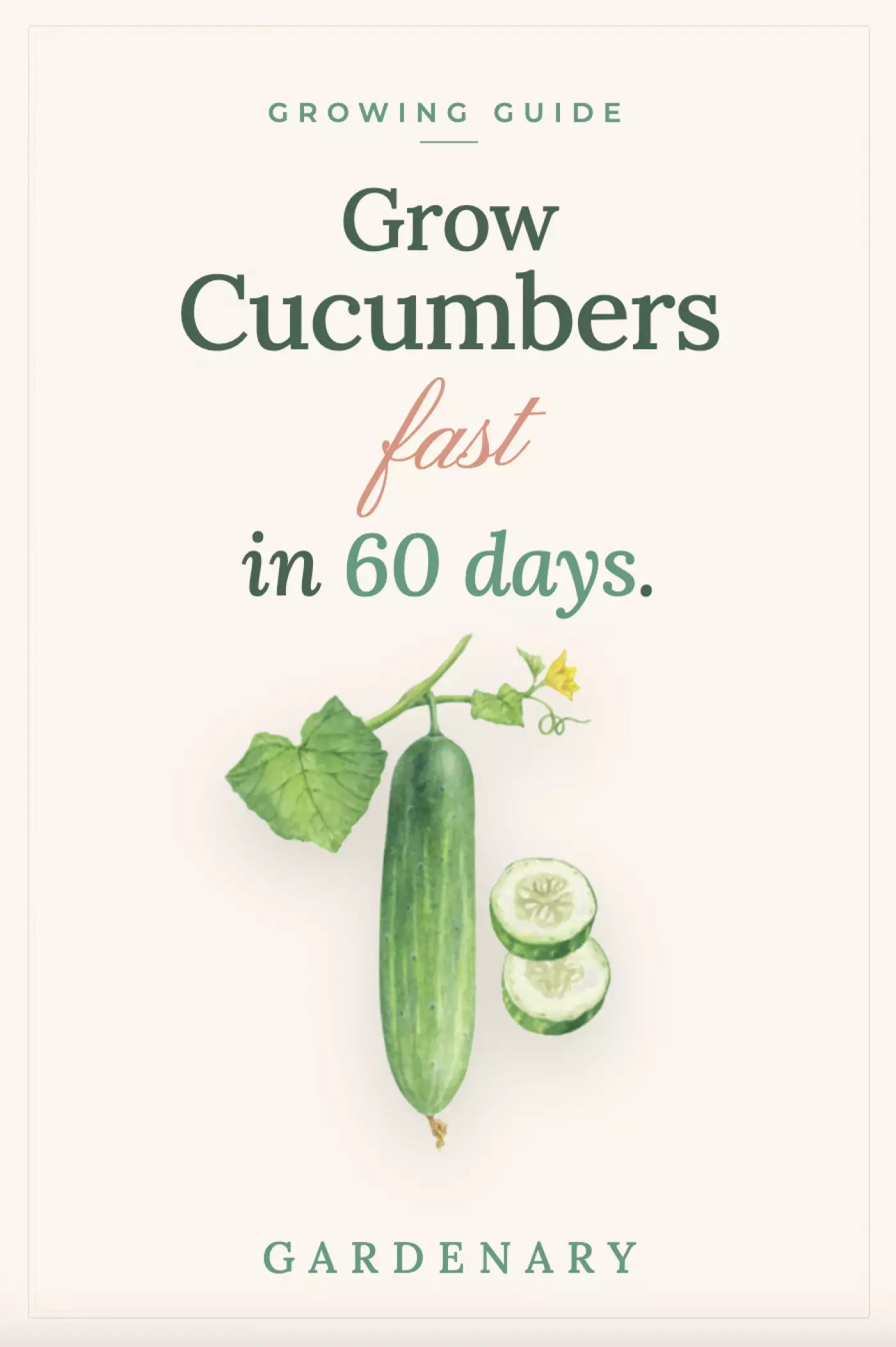 graphic with a cucumber illustration with the words "Grow Cucumbers fast in 60 Days". on top it says "growing guide"