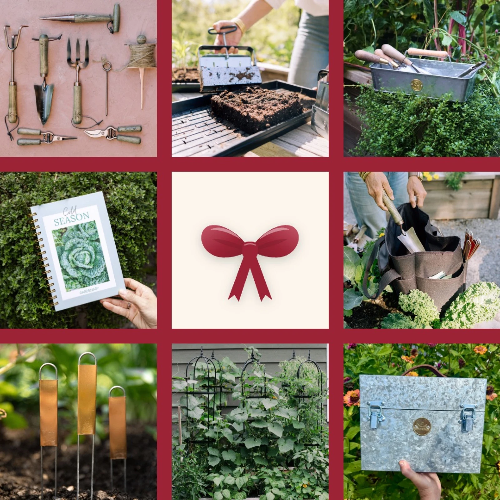 Garden tools, soil blocker, garden trug, obelisk trellis, cold season planner, hairpin plant labels