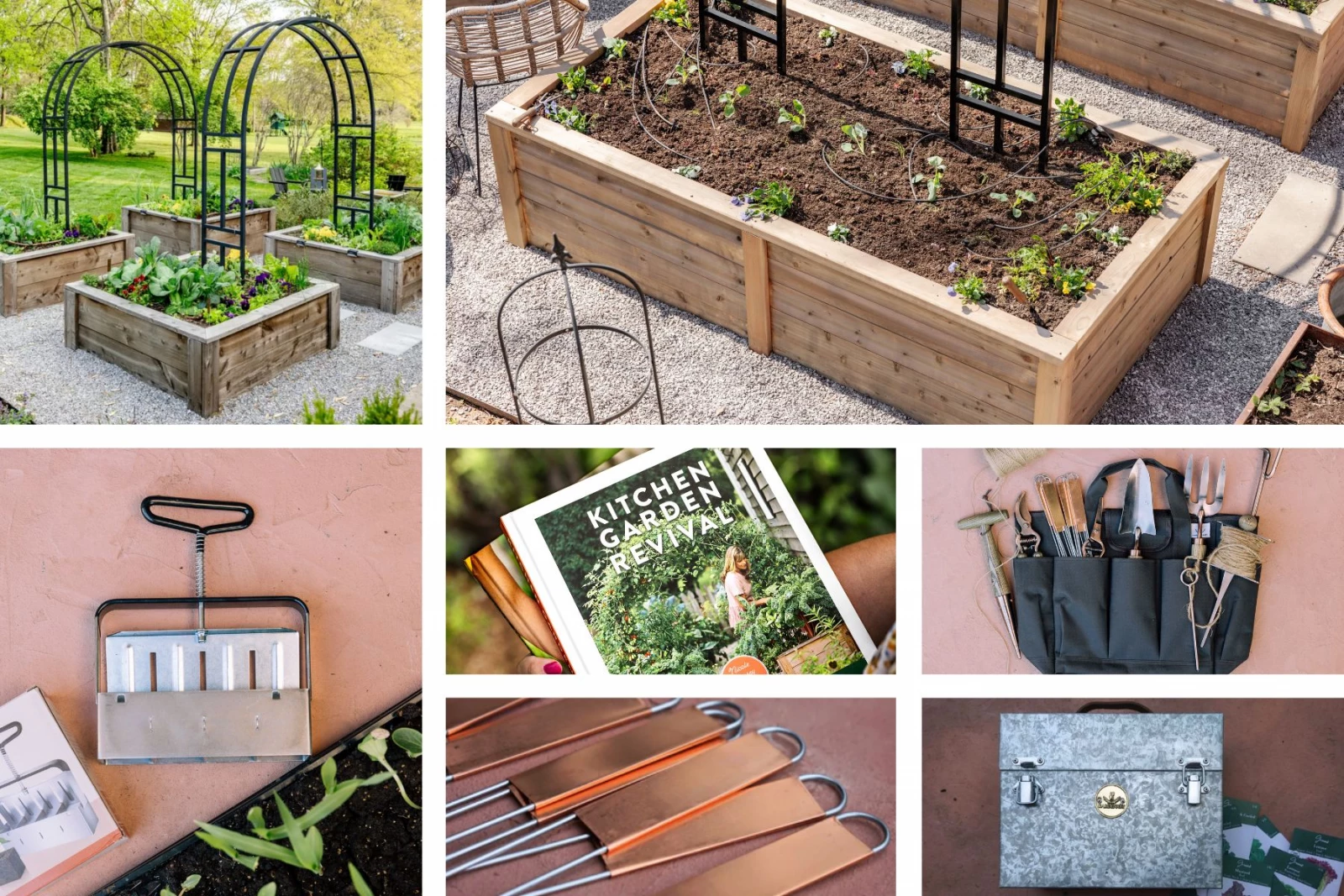 Raised beds, garden supplies, books, tools - all in a photo grid