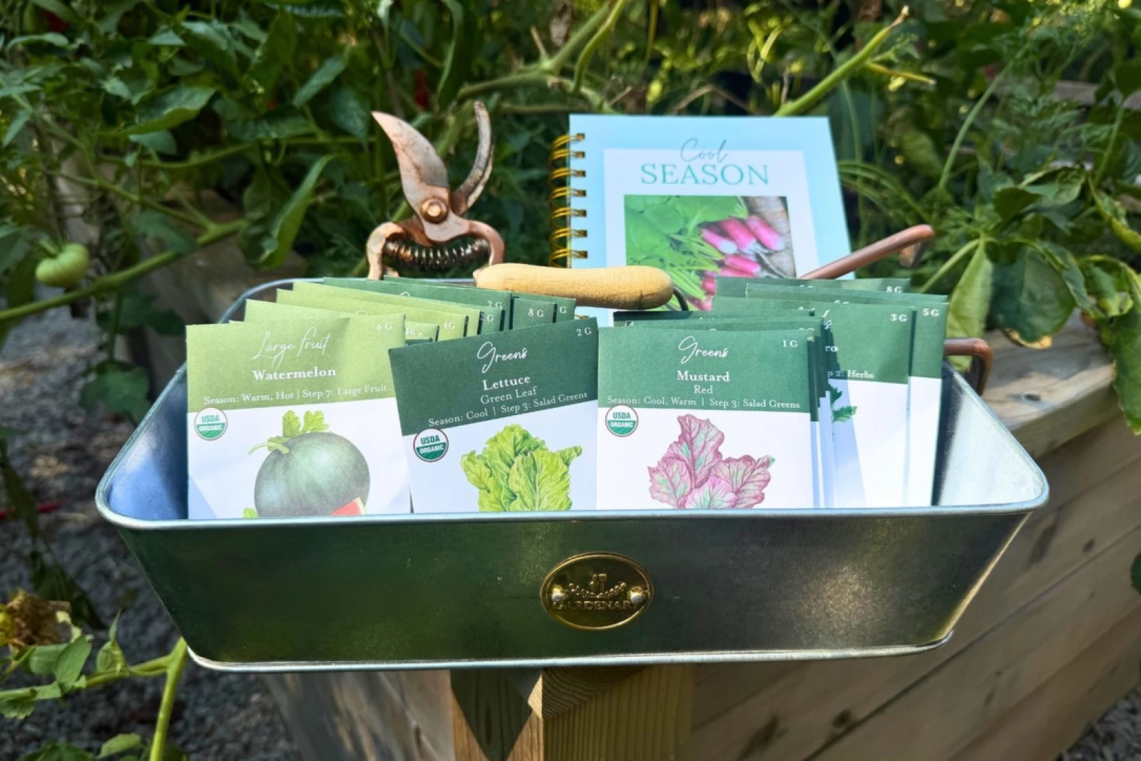 photo of a galvanized metal trug with seeds, tools, and a book inside