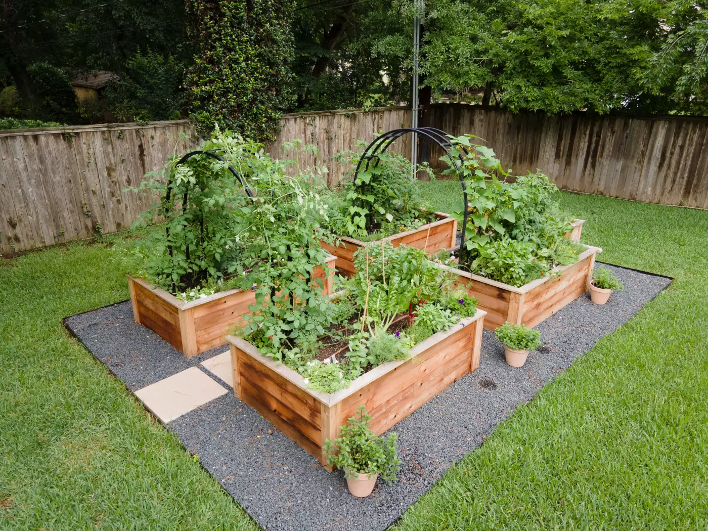 Multiple raised beds and arch trellises sold as a kit