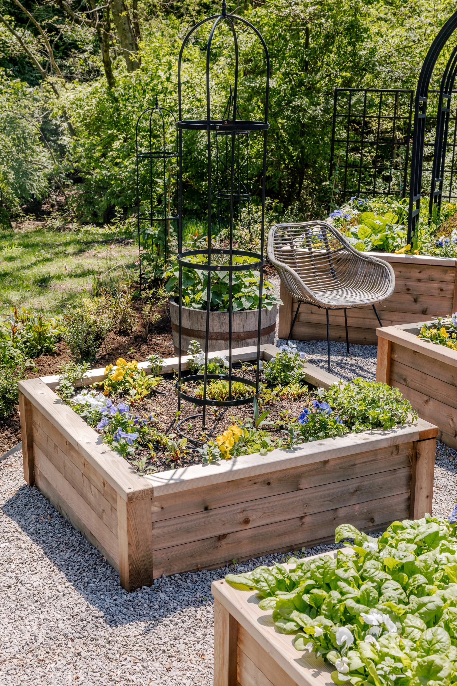 A garden with a seat