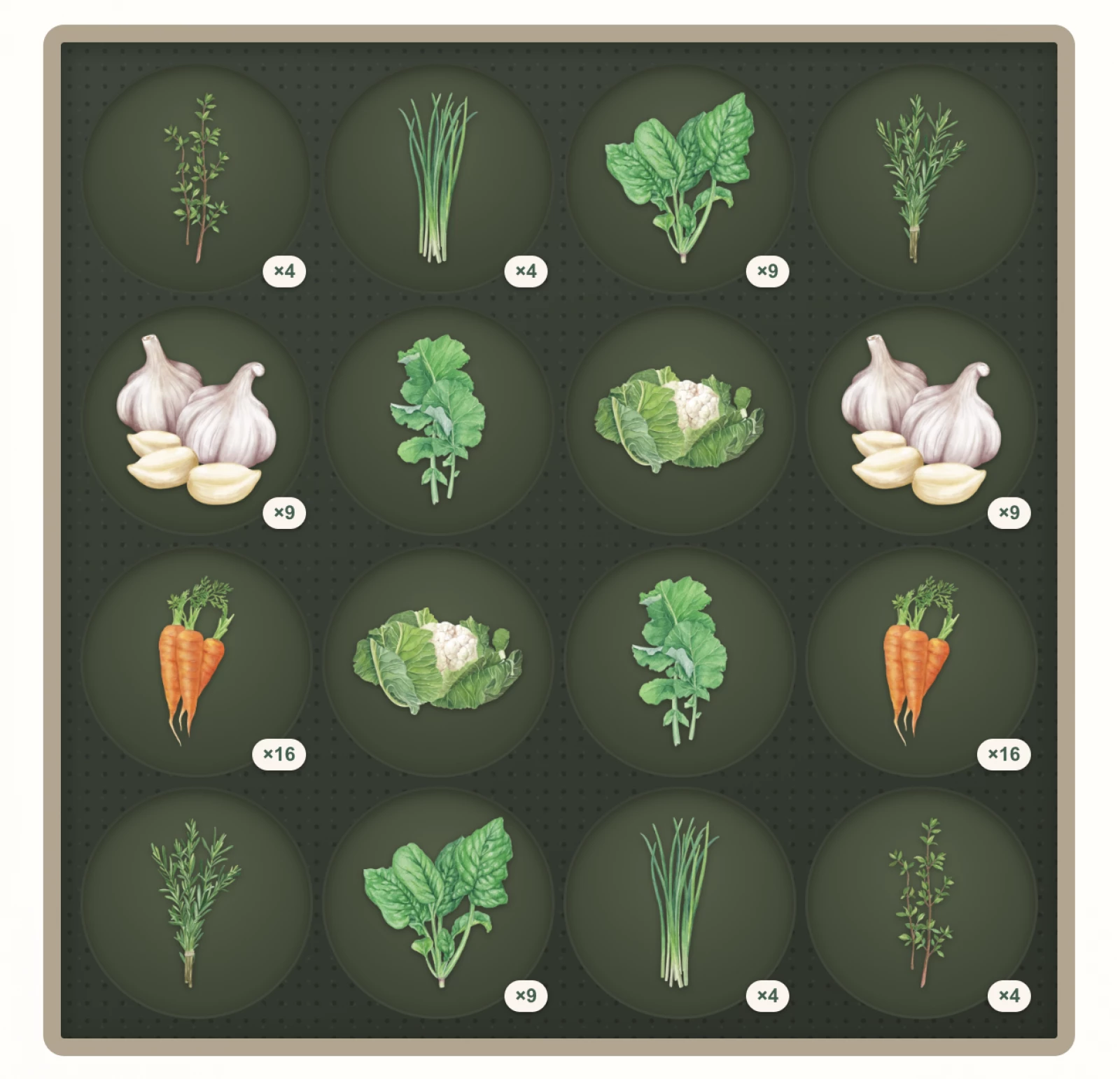 planting plan app grid with vegetable illustrations
