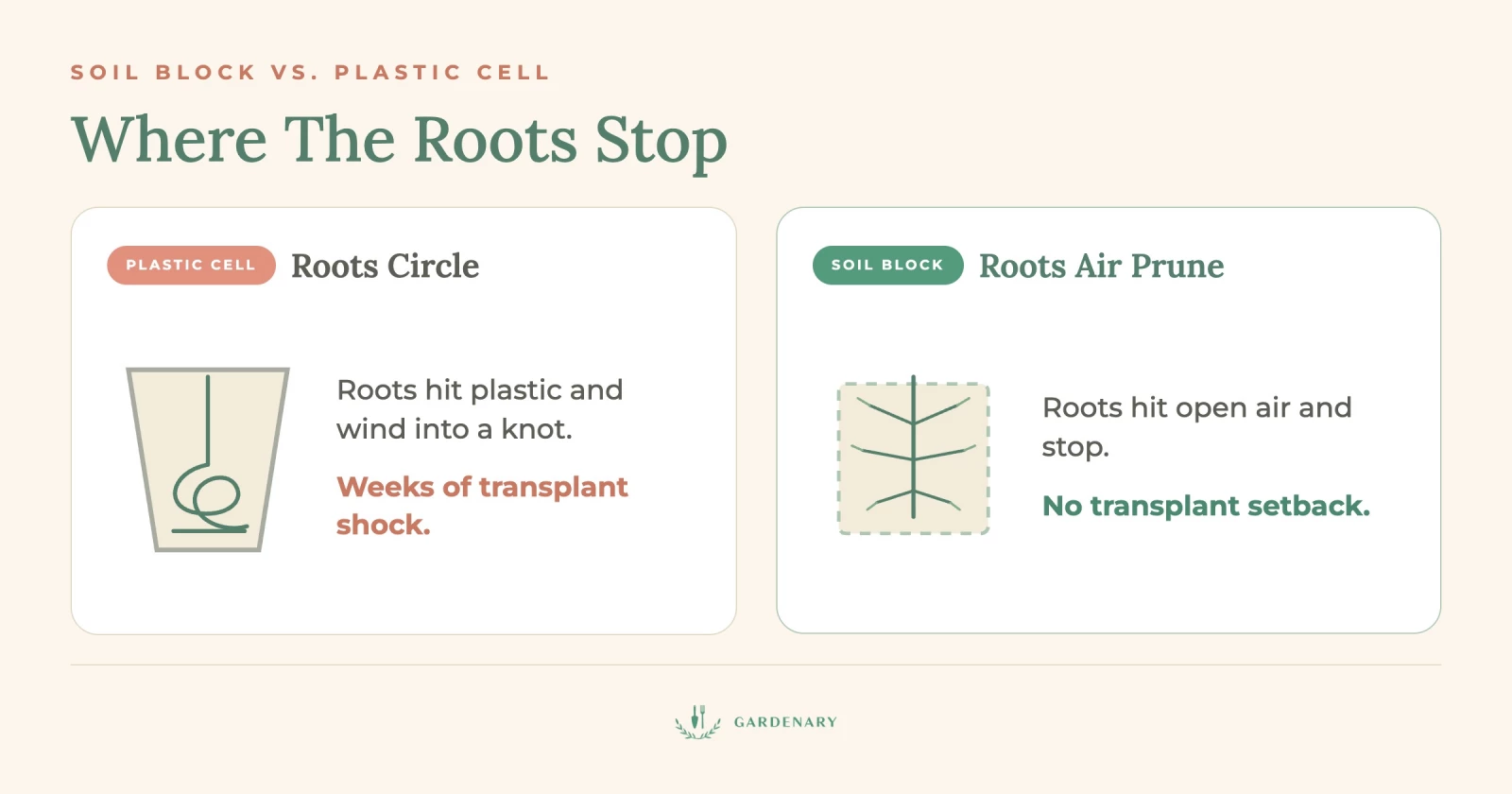 infographic of soil blocker vs plastic cell