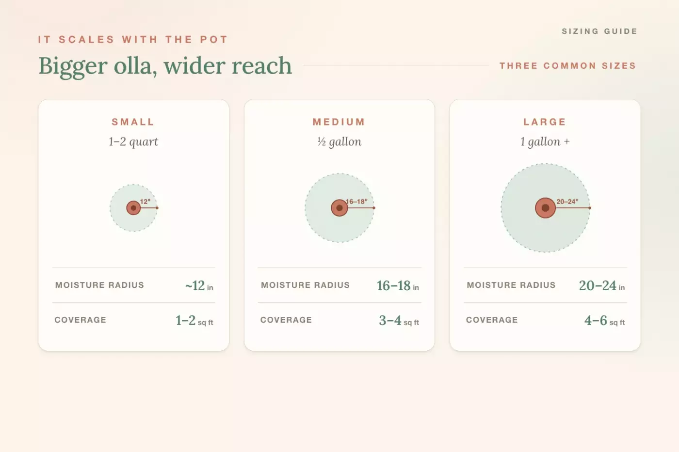 Gardenary sizing guide showing three terracotta olla pot sizes — small, medium, and large — with moisture radius and square footage coverage for raised bed olla irrigation