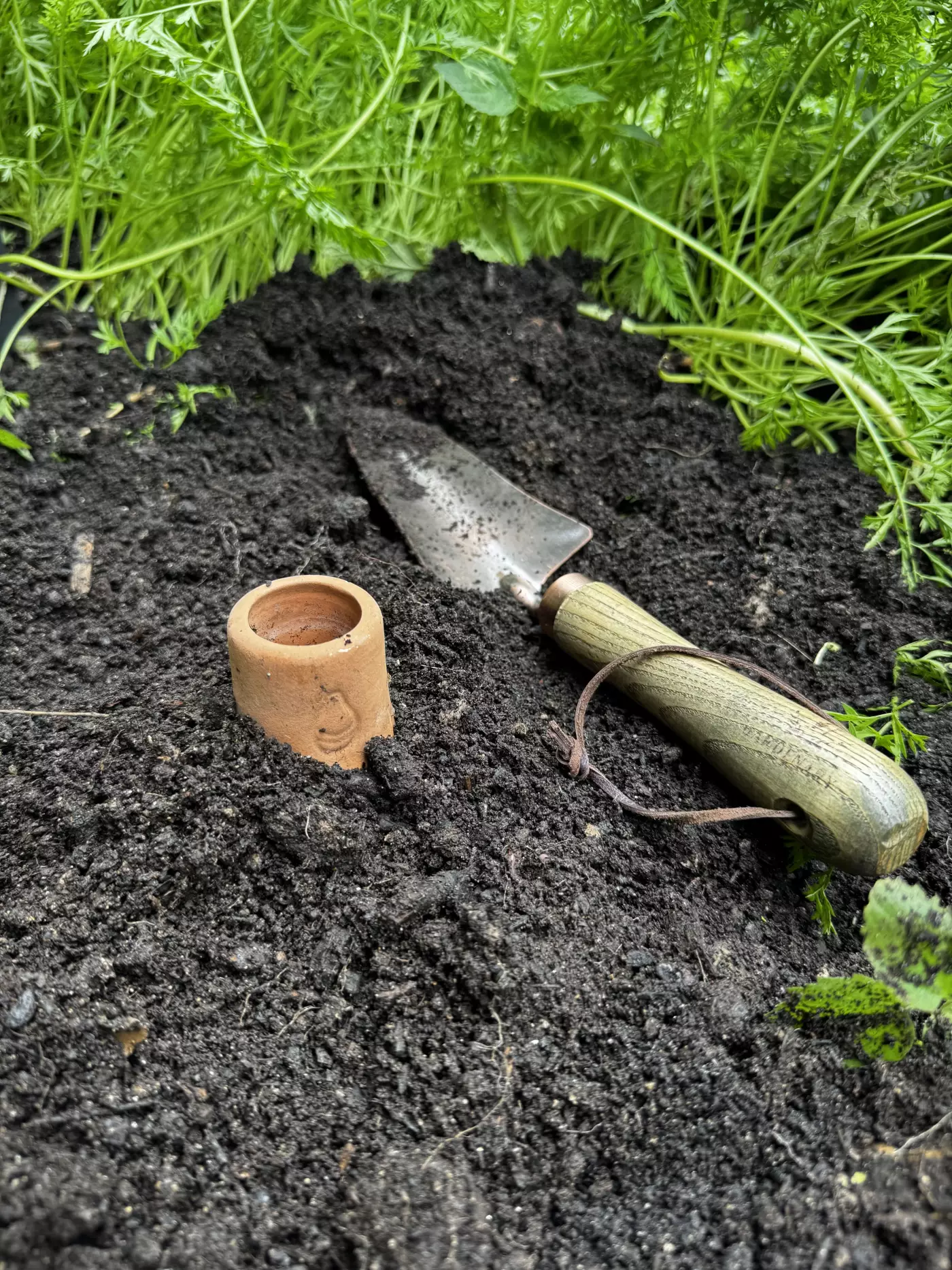 a photo of a buried olla pot with the olla neck above the soil. a garden trowel sits on the dirt nearby.