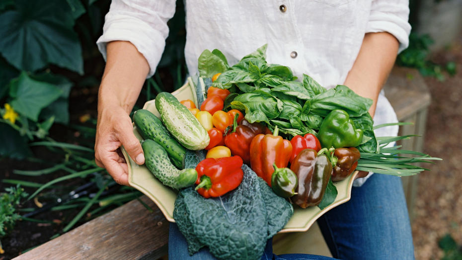 Hands holding a platter with various vegetables, herbs, and greens