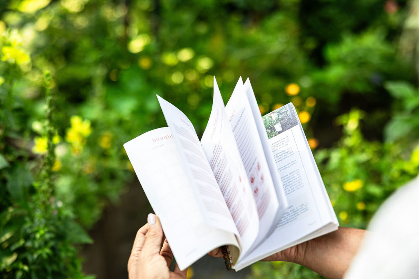 person flipping through garden planner in a kitchen garden