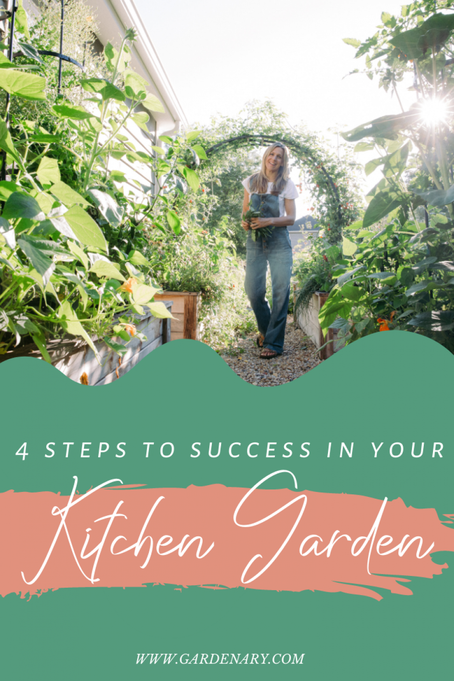 pin with picture of Nicole Burke standing in her kitchen garden