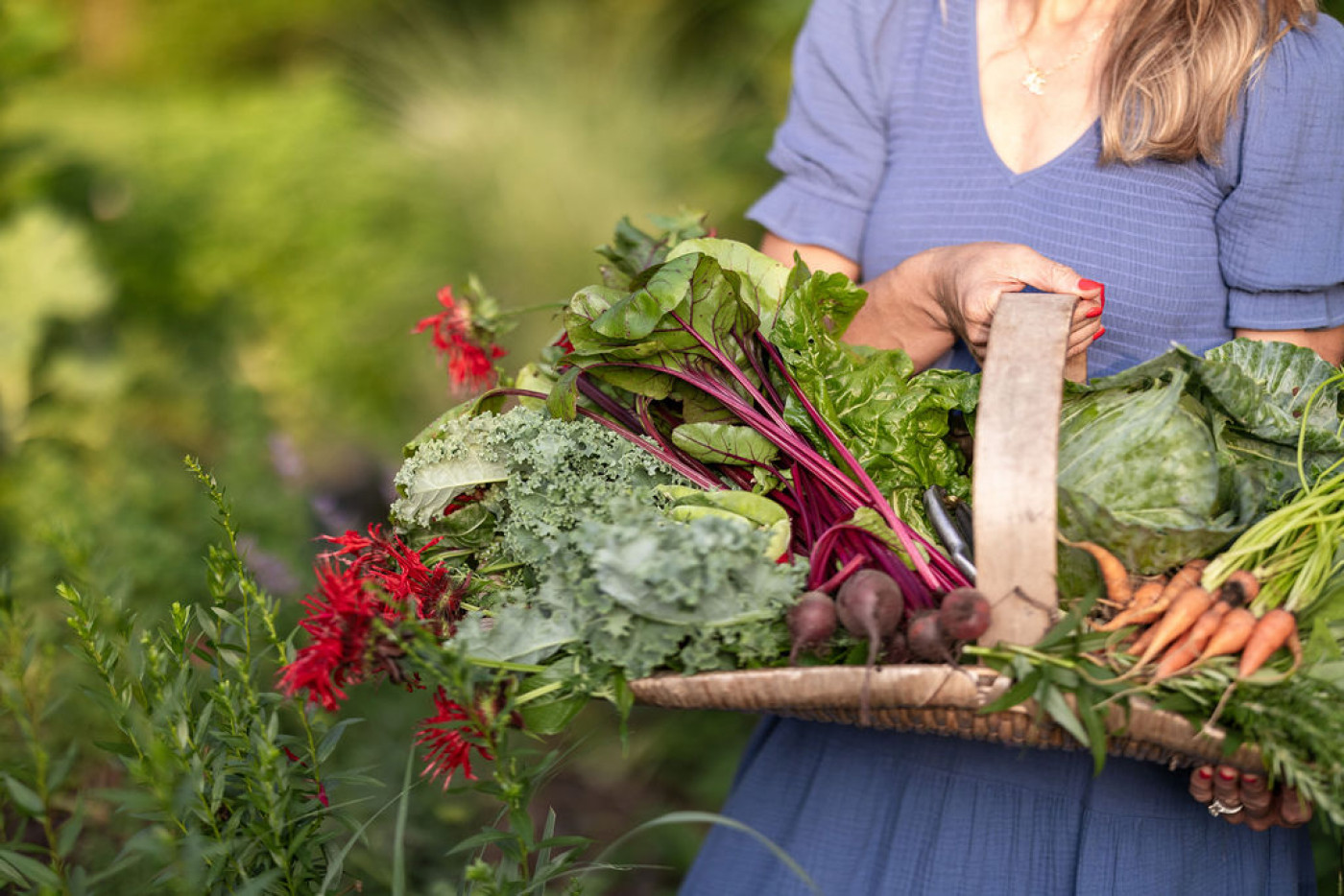A woman in a blue dress holds a basket full of freshly harvested vegetables.